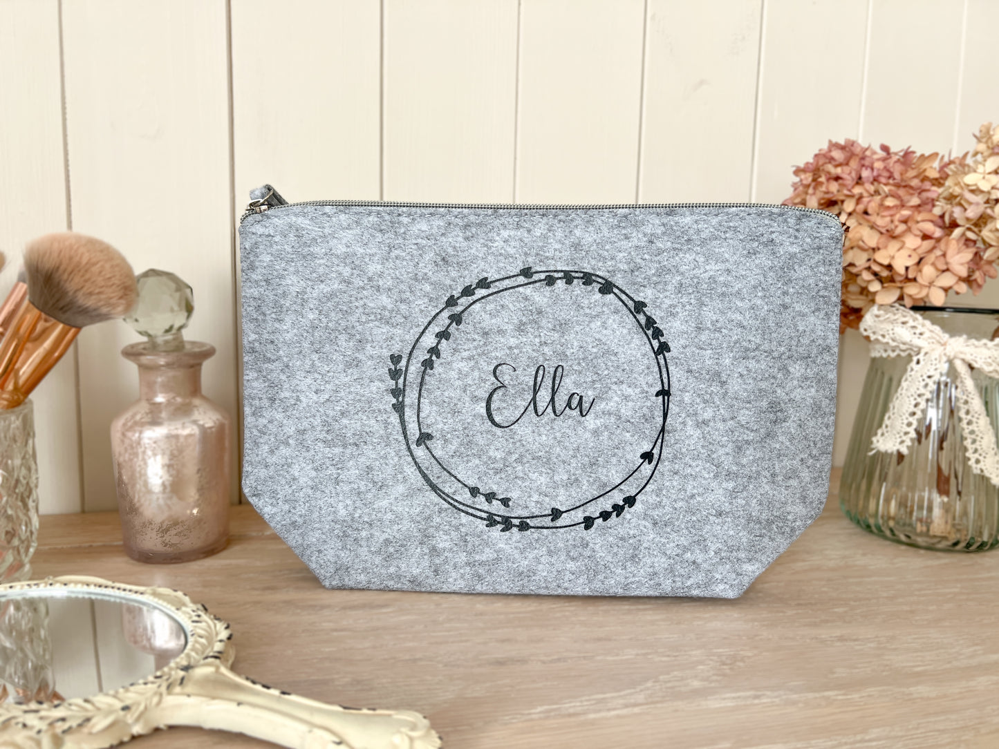 Personalised Grey Make-Up Bag, Cosmetic Bag, Toiletry Bag, Choice of Font Colour