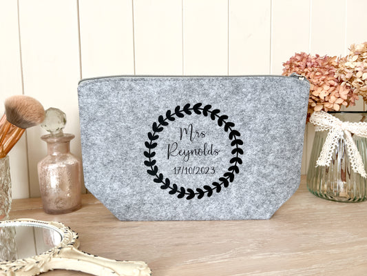 Personalised Grey Make-Up Bag for Wedding, Cosmetic Bag, Toiletry Bag, Choice of Font Colour