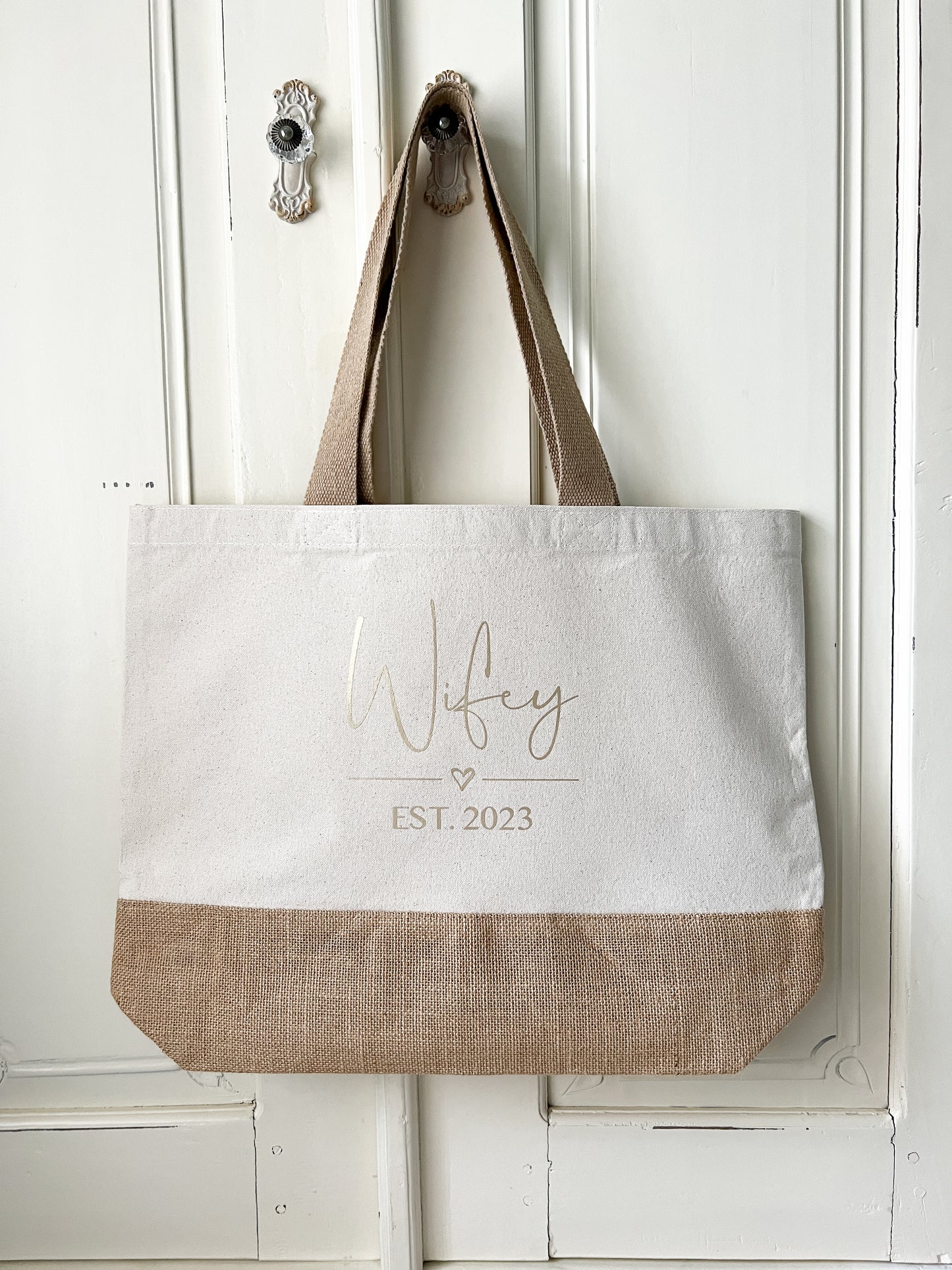 Personalised Wifey Jute Tote Bag For Honeymoon, Hen Do, Wedding Gift, 3 Sizes, Choice of Font Colour