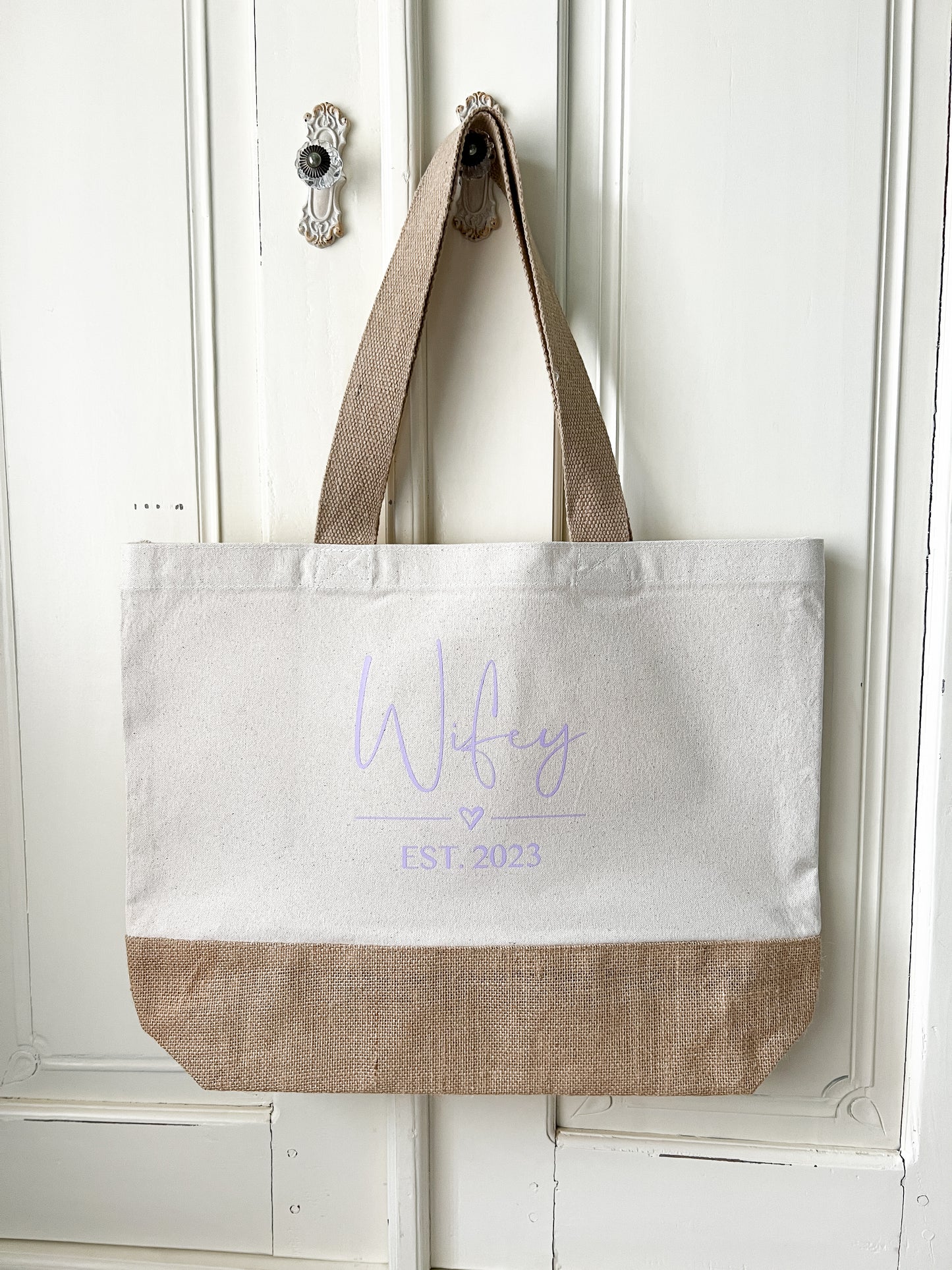 Personalised Wifey Jute Tote Bag For Honeymoon, Hen Do, Wedding Gift, 3 Sizes, Choice of Font Colour