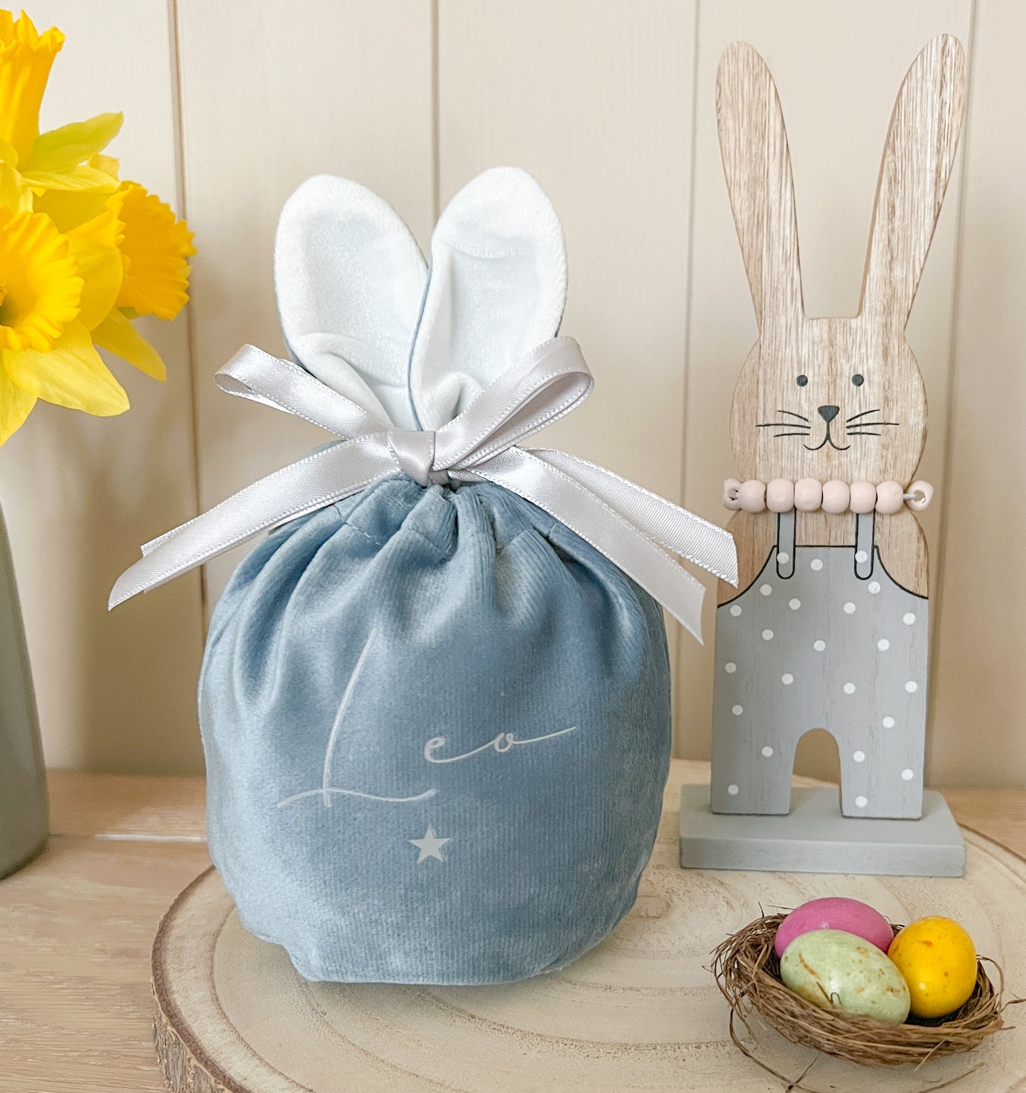 Personalised Easter Bunny Treat Bag, Baby Shower Gift Bag, Pink or Blue Velvet, Choice of Font Colours