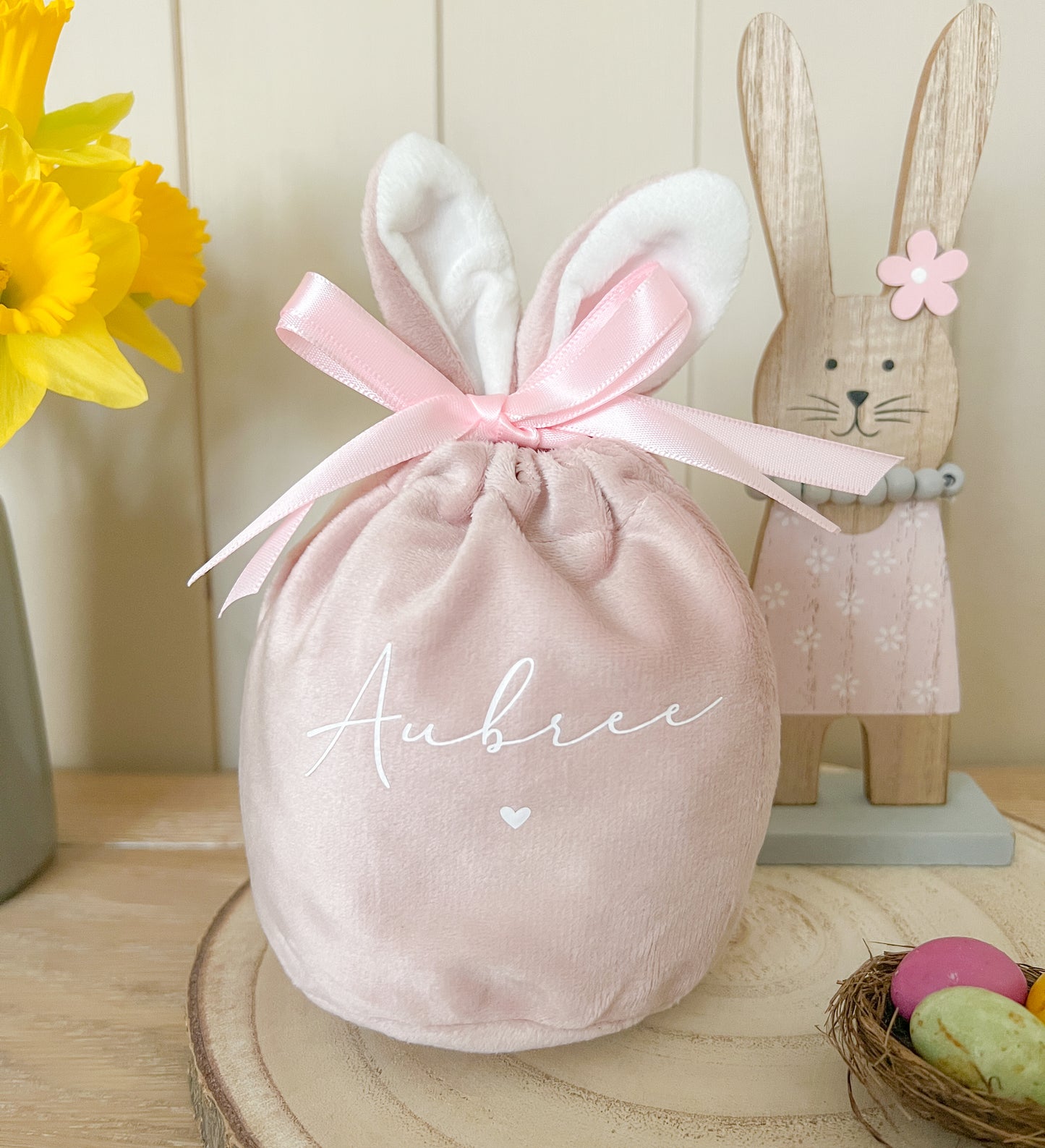 Personalised Easter Bunny Treat Bag, Baby Shower Gift Bag, Pink or Blue Velvet, Choice of Font Colours