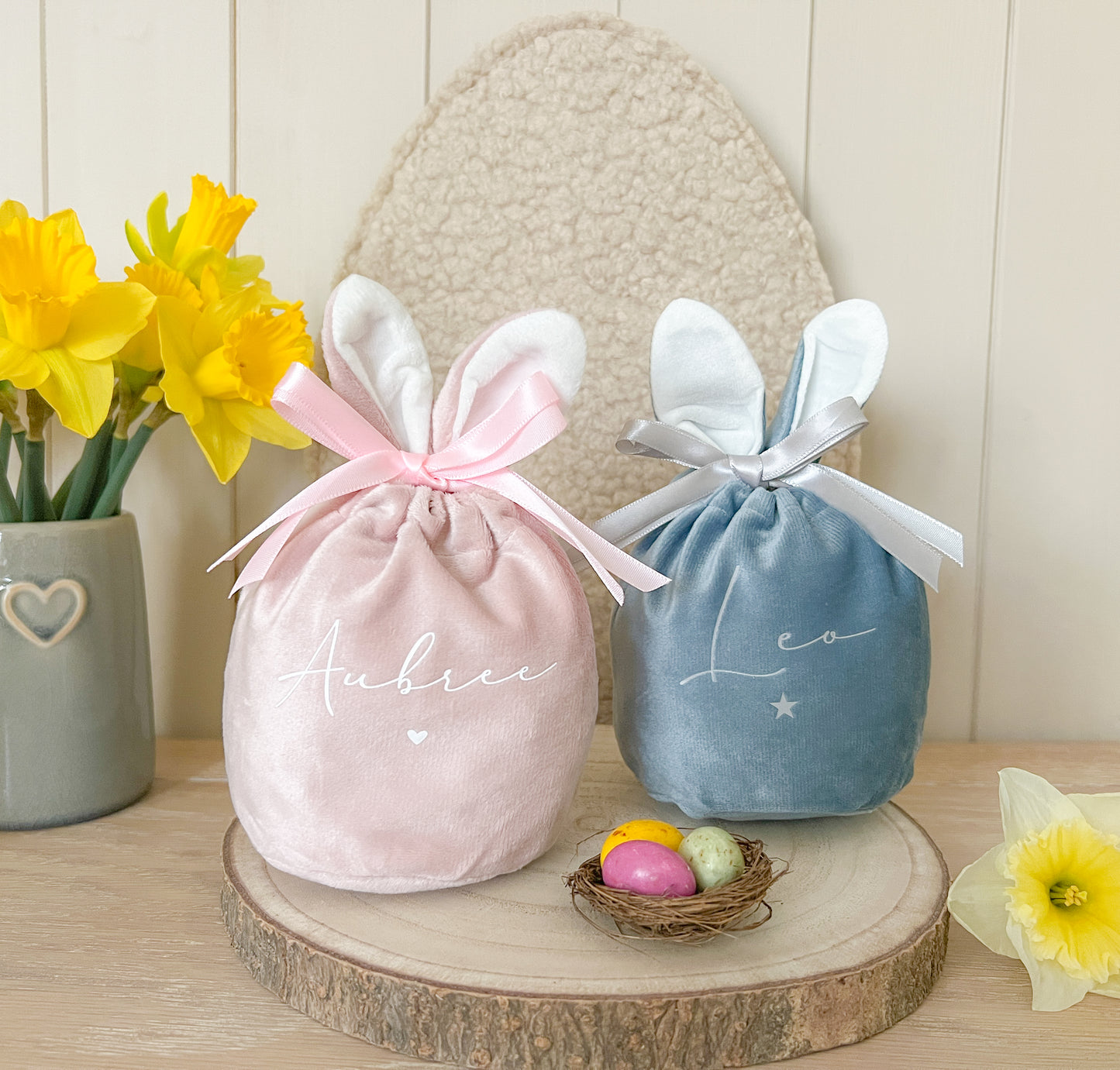 Personalised Easter Bunny Treat Bag, Baby Shower Gift Bag, Pink or Blue Velvet, Choice of Font Colours