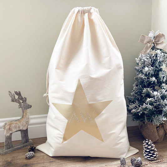 Personalised Santa Sack / Christmas Present Bag with Star and Initials / Monogram