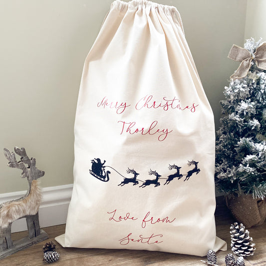 Personalised Santa Sack / Christmas Present Bag with Sleigh - Children's