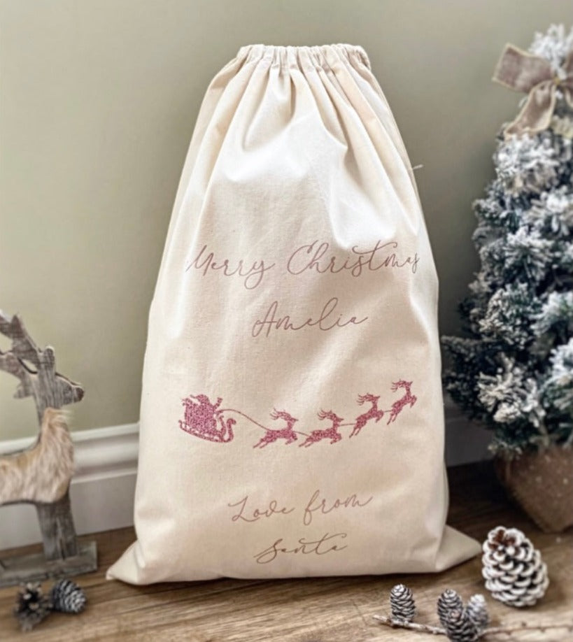 Personalised Santa Sack / Christmas Present Bag with Sleigh - Children's