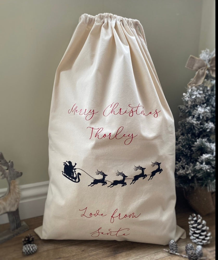 Personalised Santa Sack / Christmas Present Bag with Sleigh - Children's