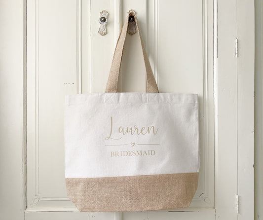 Personalised Jute Tote Bag for Hen Do, Wedding, Bride, Bridesmaids, 2 Sizes, Choice of Font Colour