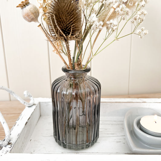 Smokey Grey Ribbed Glass Bottle