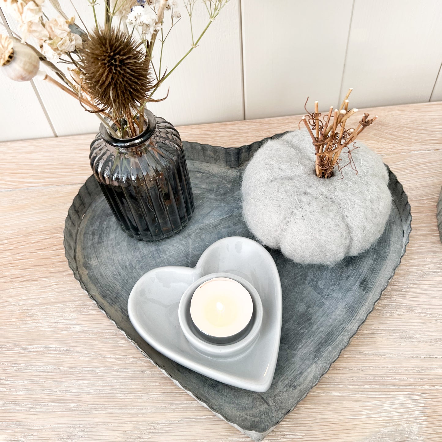 Whitewashed Zinc Heart Rustic Trays - Set of 3