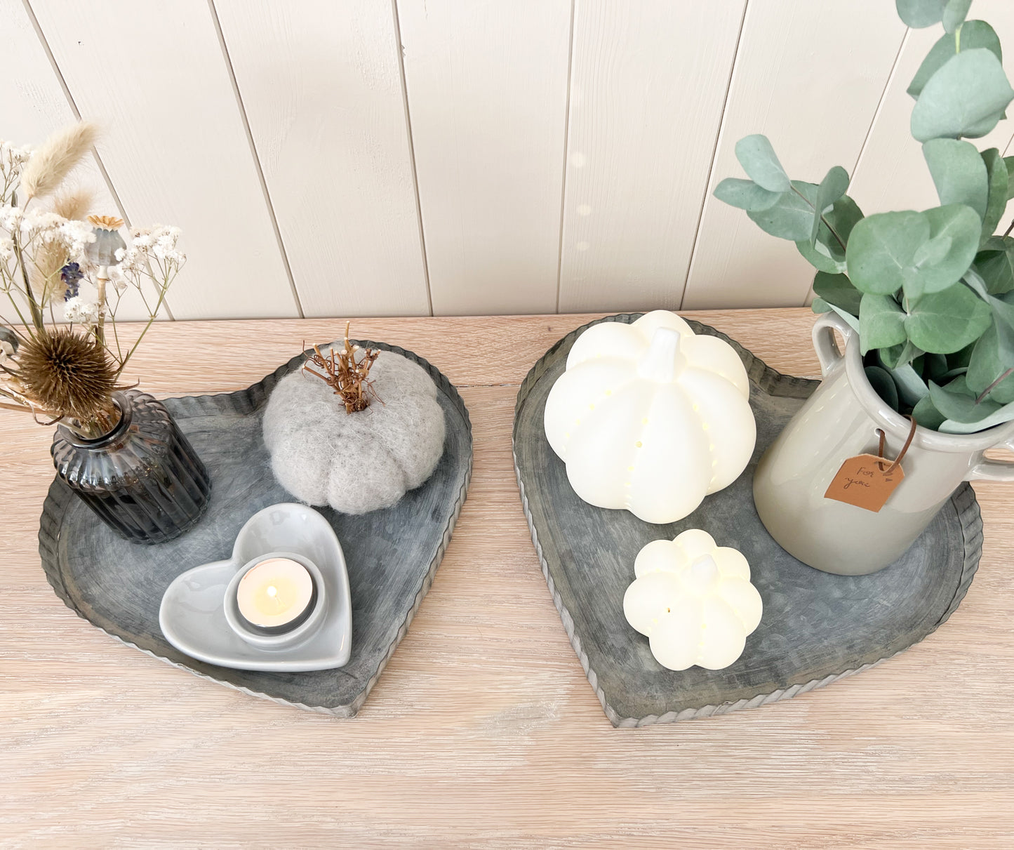 Whitewashed Zinc Heart Rustic Trays - Set of 3