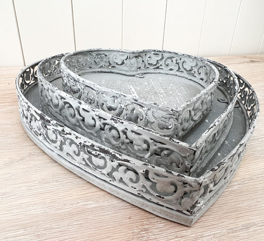 Grey Heart Rustic Trays - Set of 3