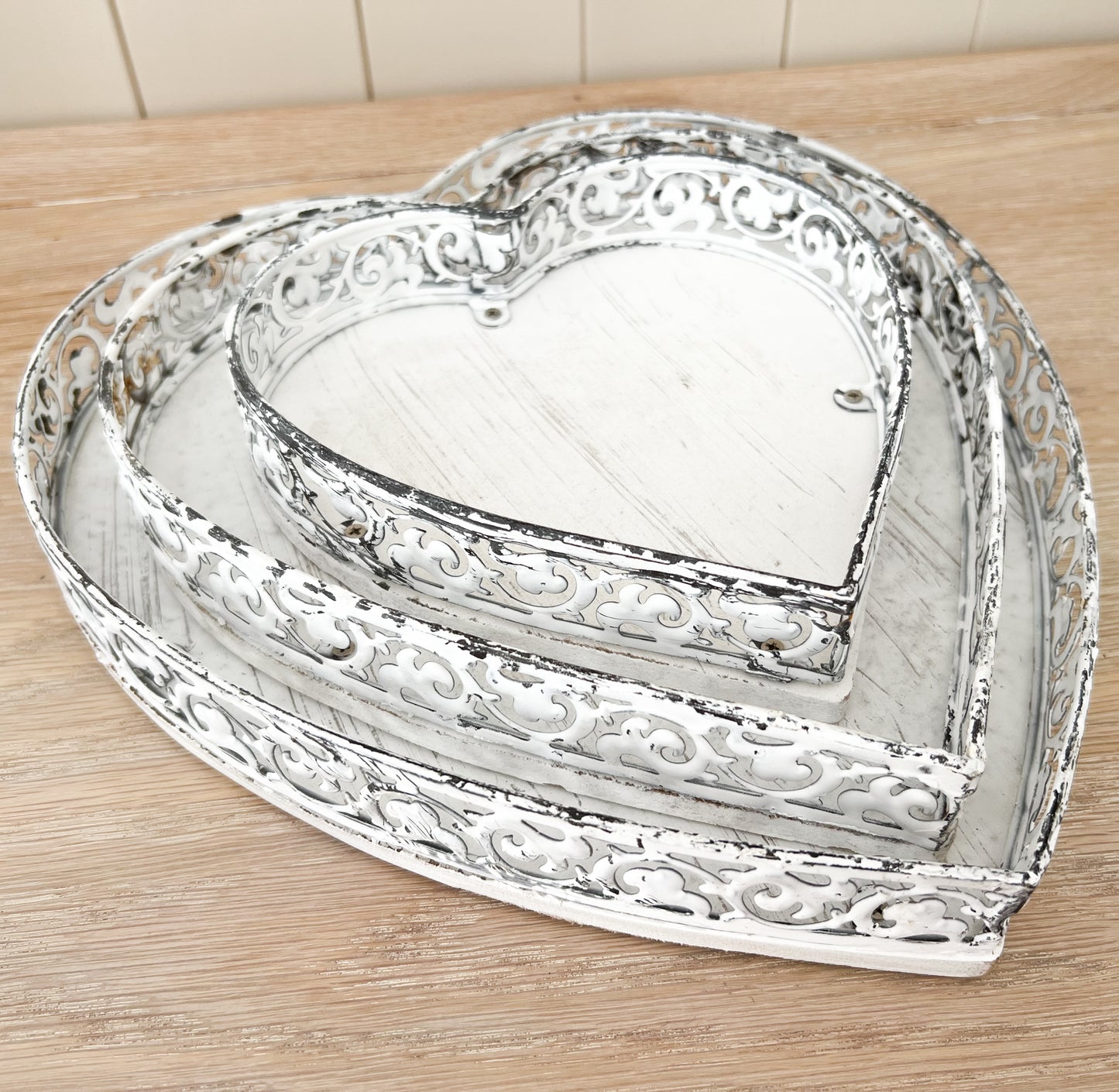 Cream Heart Rustic Trays - Set of 3