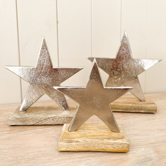 Silver Metal Star on Wooden Base - 3 Sizes